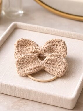Handmade Crochet Bow Hair Tie - Neutral Beige